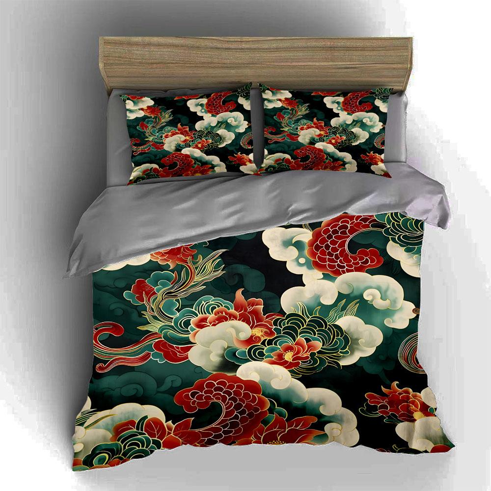 Dragon-themed floral. Bedding Duvet cover sets Duvet covers Pillowcases gifts (1 * Duvet Cover 2 * Pillowcases, without duvet insert)