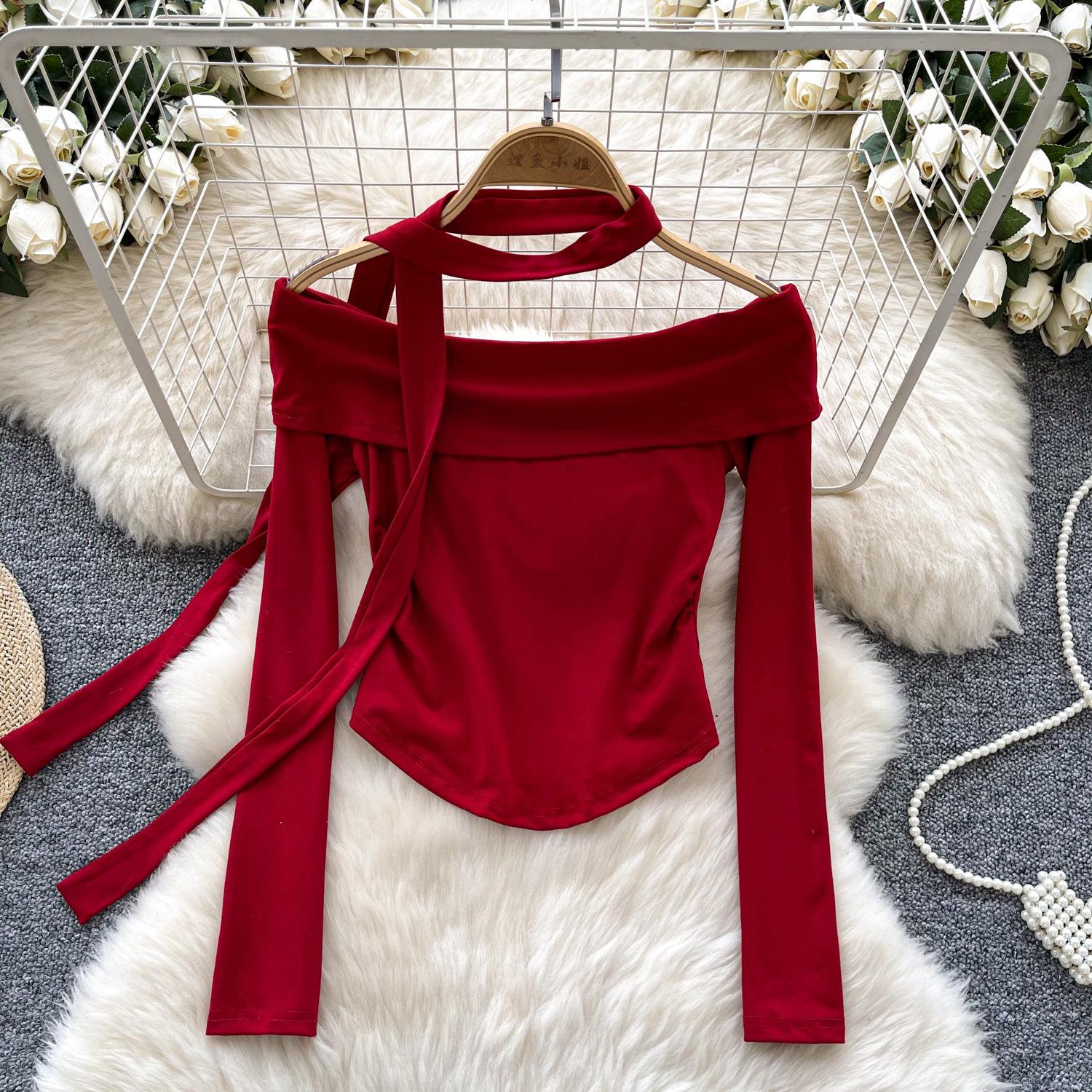 

Сексуальные женские топы с длинными рукавами и одним плечом, облегающие, с развевающимися бретелями, осень-зима One size красный