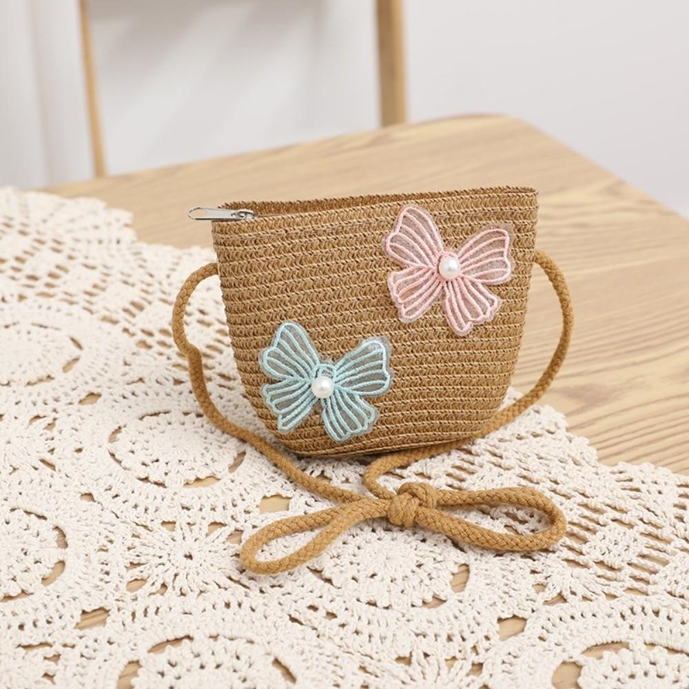 Wide Brim Straw Bag Cap Set Pearl Bow Style Sun Hat Sunscreen Sunshade Hat  for 2-8 Years Kids
