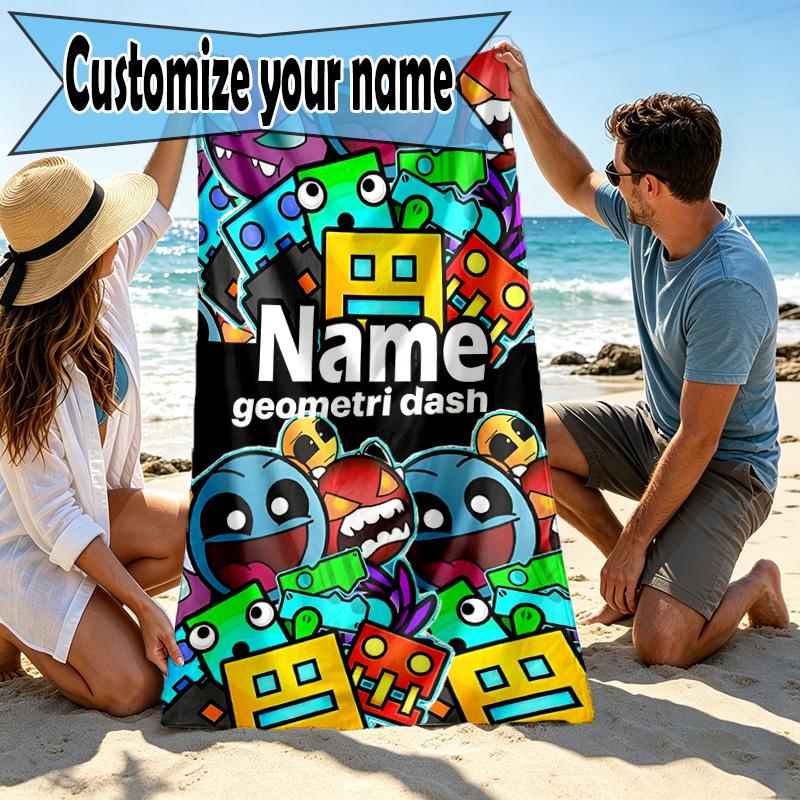 Custom Name Personalized Geometry Dash Print Beach Towel, for Trip Camping Beach Party Home Decor, Birthday Gift for Family & Friends