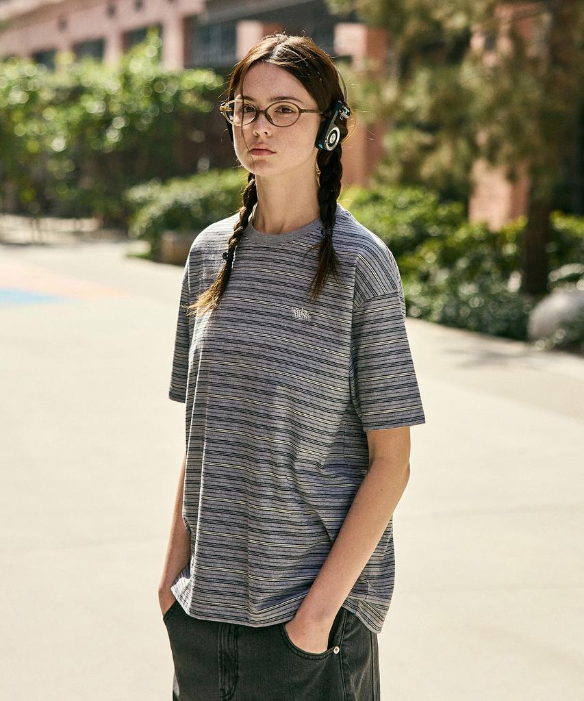 Peullukeu Retro Striped Short Sleeve T-Shirt Gray Fst343