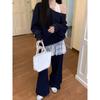 Fashion Casual Set Loose Oblique Shoulder Sweatshirt Women's Lace Small Tank Top Top Autumn High Waist Loose Pants Three-Piece Set