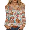 Women's Fashionable Casual V-neck Blouse Button Christmas Printed Long-sleeved Pullover T-shirt Top