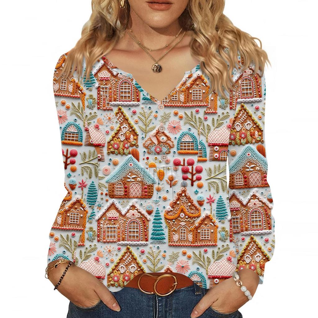Women's Fashionable Casual V-neck Blouse Button Christmas Printed Long-sleeved Pullover T-shirt Top