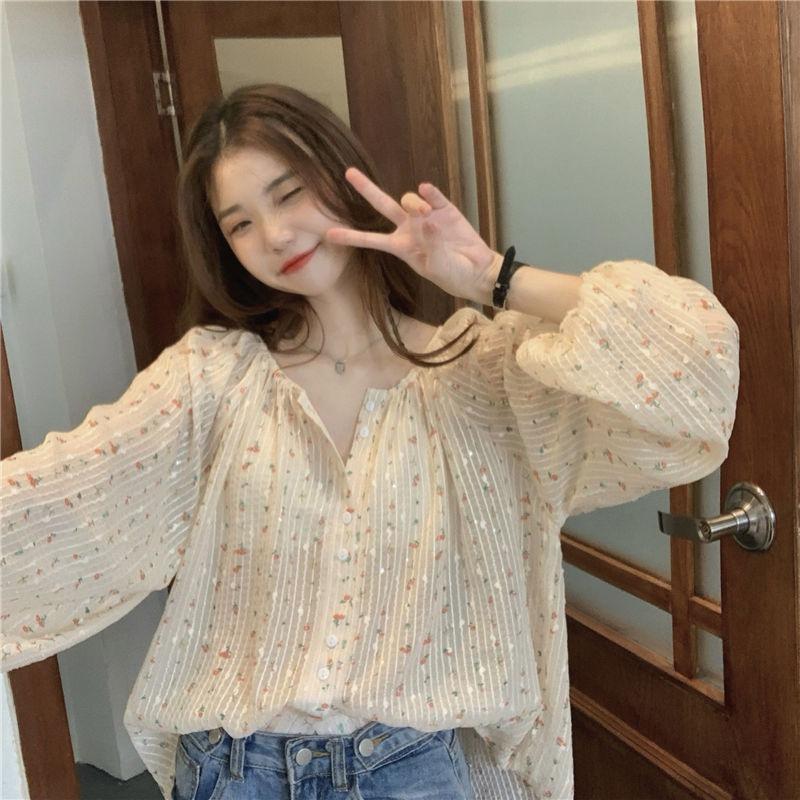Elegant Loose Floral Sweet Printed Shirt Women Summer Spring O Neck Casual Thin Tops Office Long Sleeve Fashion Blouse Large Size See Through Clothing