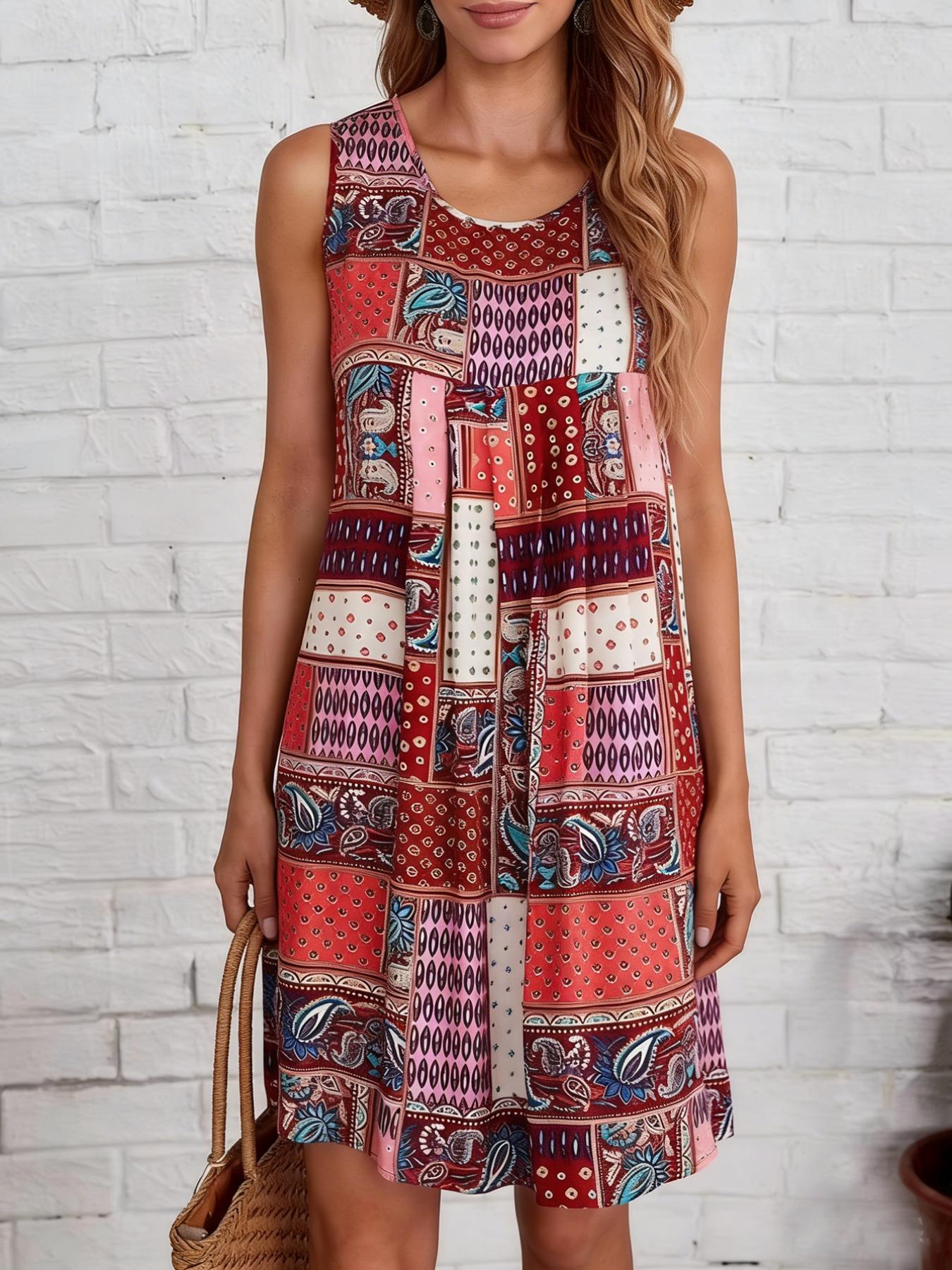 

Women Dress Patchwork Sleeveless Round Neck A-Line Mini Dress Boho Spring Summer Casual Beach Flattering S