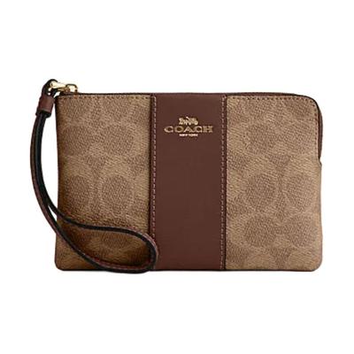 Corner Zip 16 Logo Zipper Closure Faux Leather and Cowhide Split Leather Wrist Bag Clutch Small Women's Tan and Brown