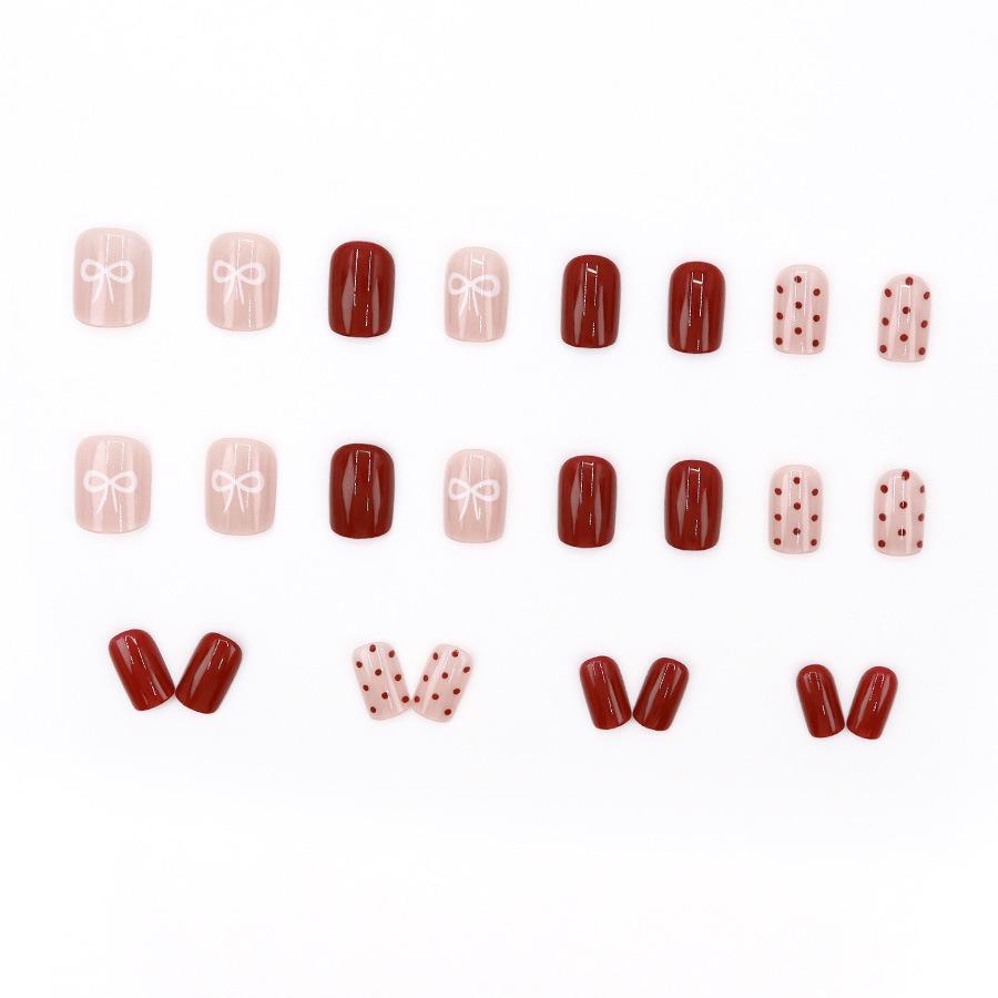 24 Pieces Suitable for Red Polka Dot Naked Pink Bow Korean Small Fresh 24 Pieces Wearable Nails