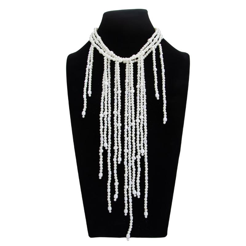 Fashionable Imitation Pearls Layering Necklace With Flowing Fringe Detail Adjustable Beaded Clavicle Chain