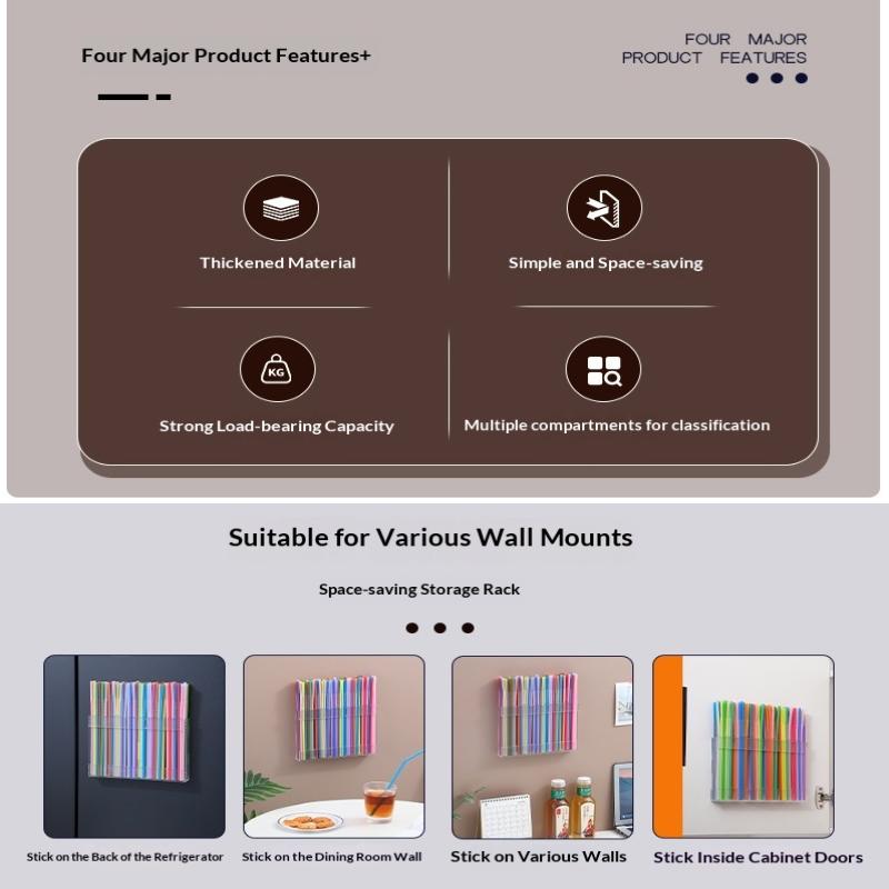 5/6 Grids Reusable Straw Holder, Kitchen Countertop Storage Rack With Strong Double-Sided Tape, Suitable For Countertops Cabinet