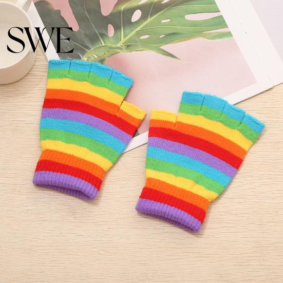Winter Gloves 1 Pair Students Half Finger Knitted Colorful Rainbow Stripe Stretchy Comfortable Girls Keep Warm Super Soft Autumn Women Writing Gaming