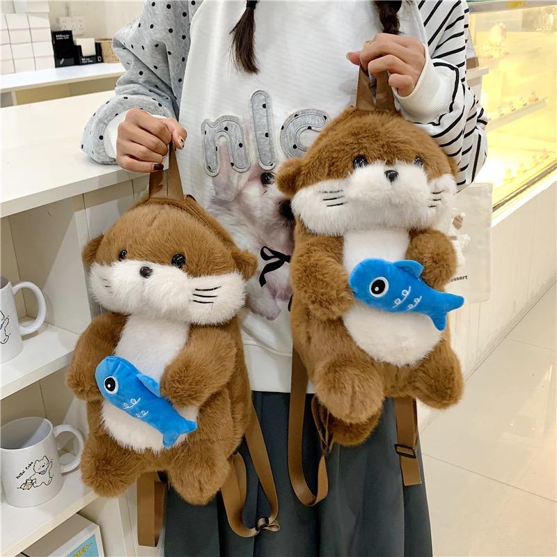 Adorable Otter Holding Fish Plush Backpack Capybara Cute Girls Trendy Backpack Casual Gifts for Children
