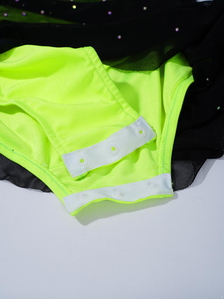 Girls Gymnastics Costume Long Sleeve Sheer Mesh Design Patchwork Sparkling Rhinestones Color Block Leotard