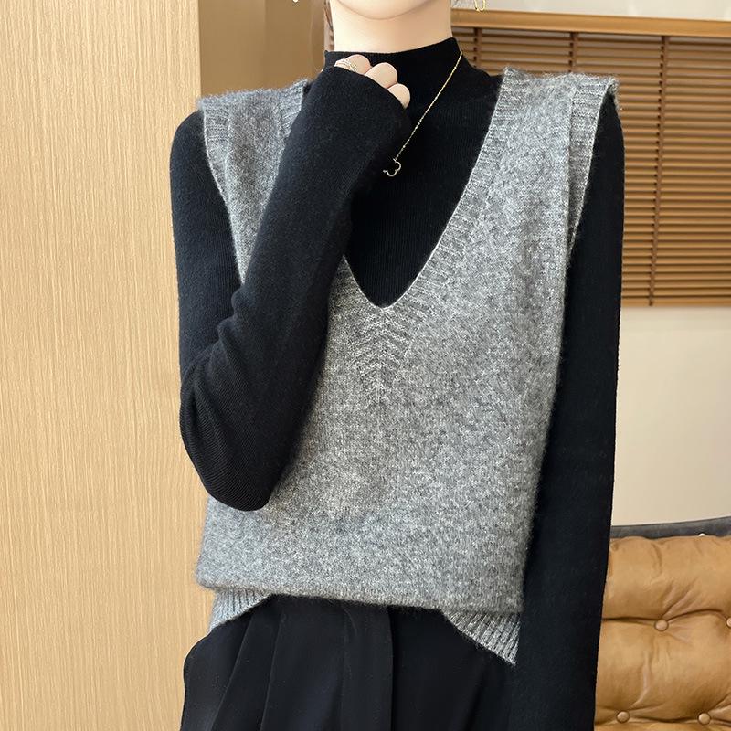 Kašmírová pletená vesta s výstřihem do V: Volný střih, Bez rukávů, Jednoduchý pulovr