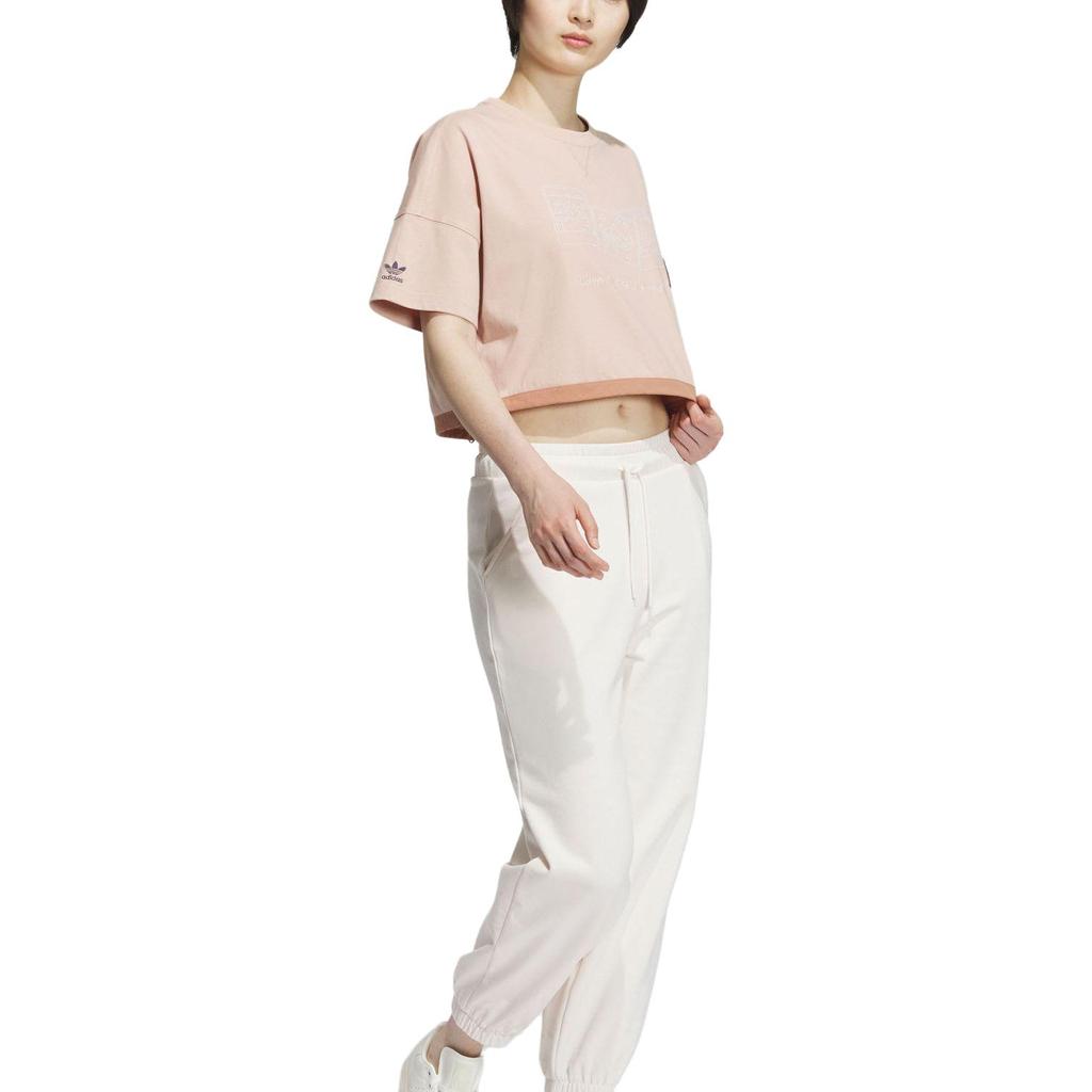 Adidas Yu Nagaba x  Originals Clover SS23 Co-Branded Collection Logo Print Drawstring Cropped Loose Crew Neck T-Shirt Women Tops Pearl-Ash-Grey IS0650