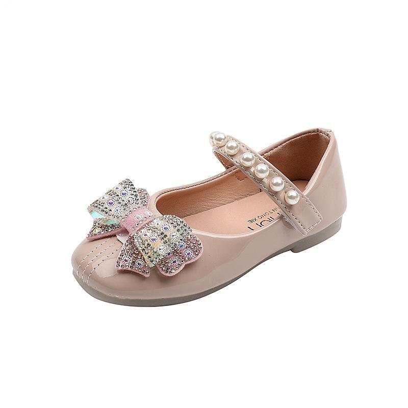 

Туфли из кожи для девочек, детские, с мягкой подошвой, принцесса, весна, мелкая, новые, корейские, для больших детей, с бантом, стразами и жемчугом 26 розовый