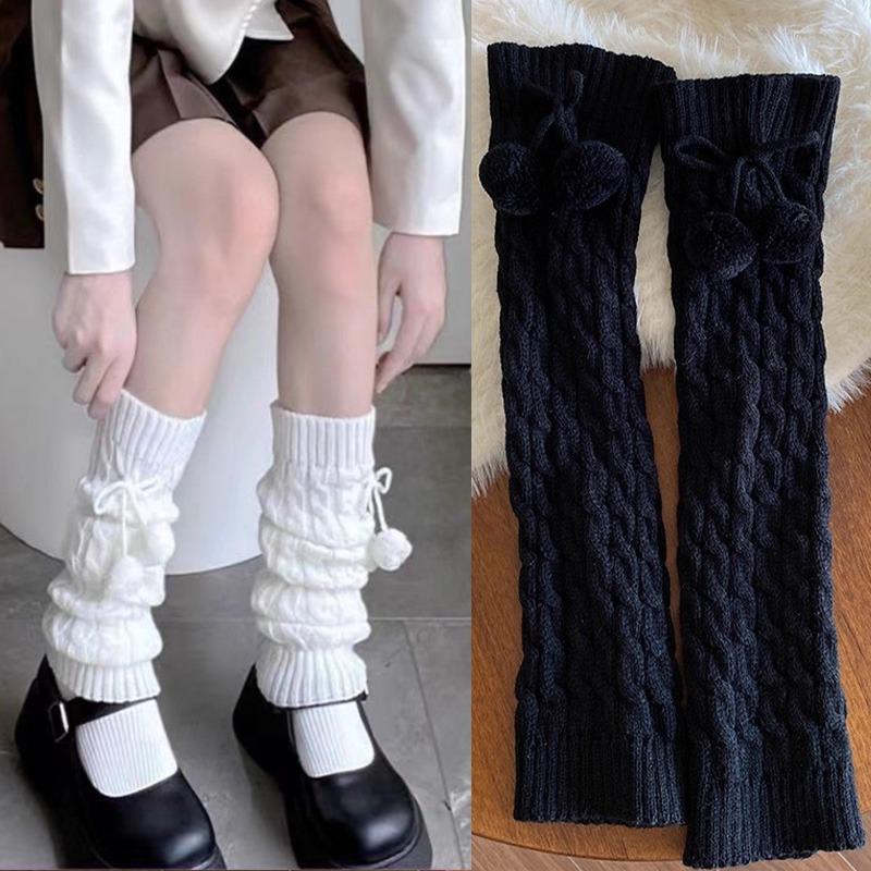 Women Black White Lolita JK Leg Warmers with Ball Knitted Warm Foot Cover for Lady Autumn Winter Soft Crochet Sock Boot Cuffs