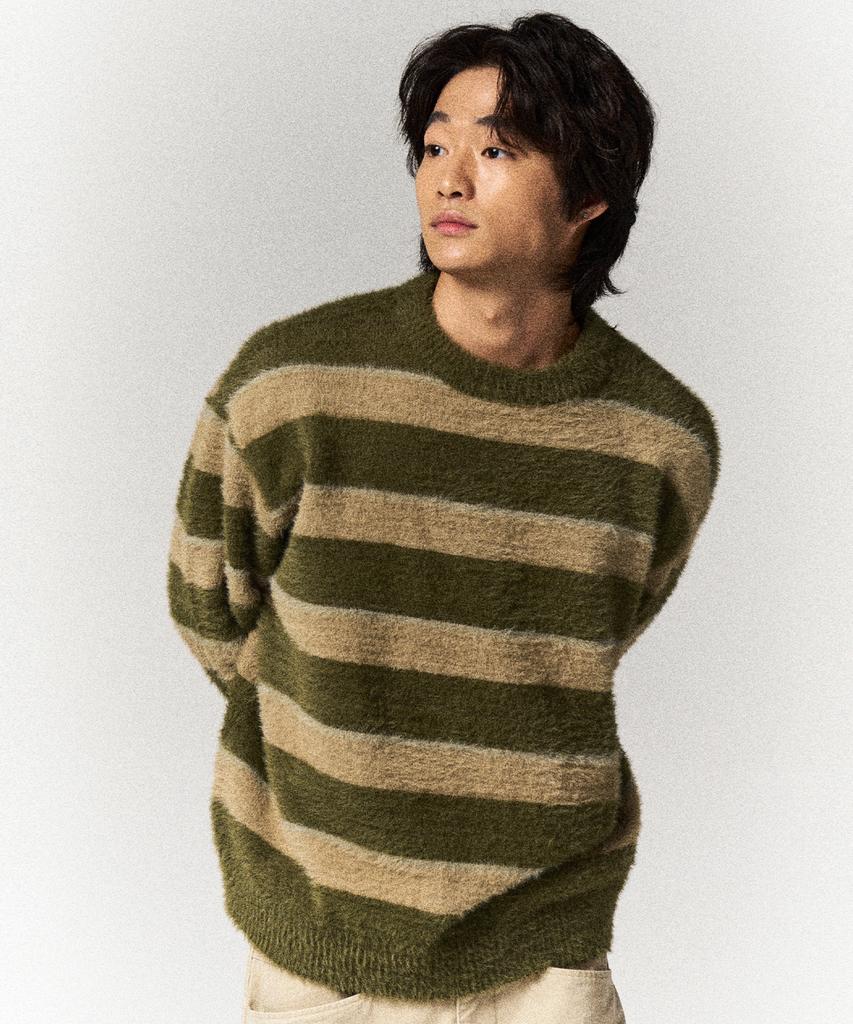SLOWACID Hairy Stripe Pullover Knit [Khaki]