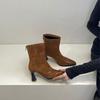 Light and mature wind cross belt decorative high-heeled short boots female fashionable royal sister fan rear zipper wine glass and thin socks boots