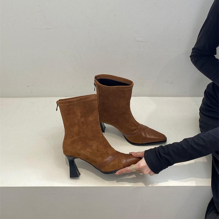 Light and mature wind cross belt decorative high-heeled short boots female fashionable royal sister fan rear zipper wine glass and thin socks boots