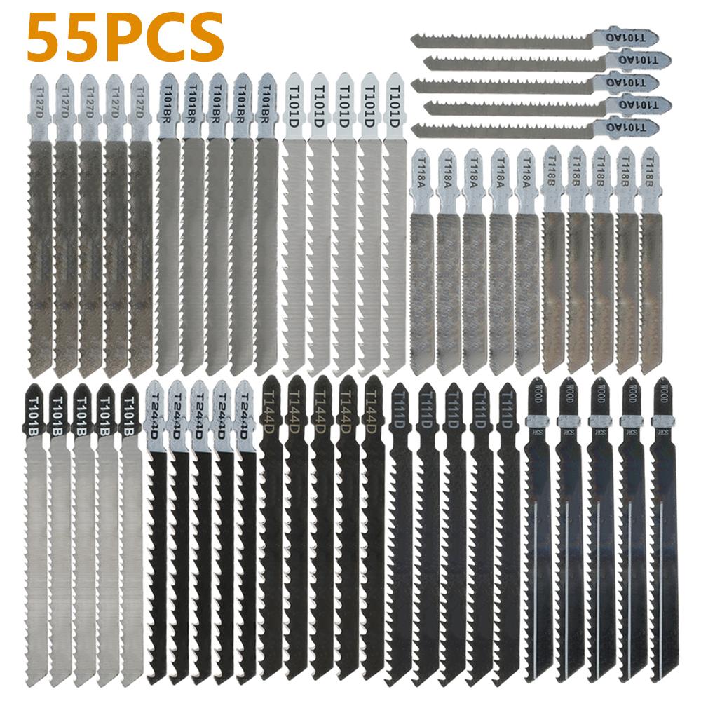 55Pcs Jig Saw Blades Set HCS Assorted Saw Blade with T-shank Sharp Fast Cut Down Jigsaw Blades Woodworking Blades Hand Tool