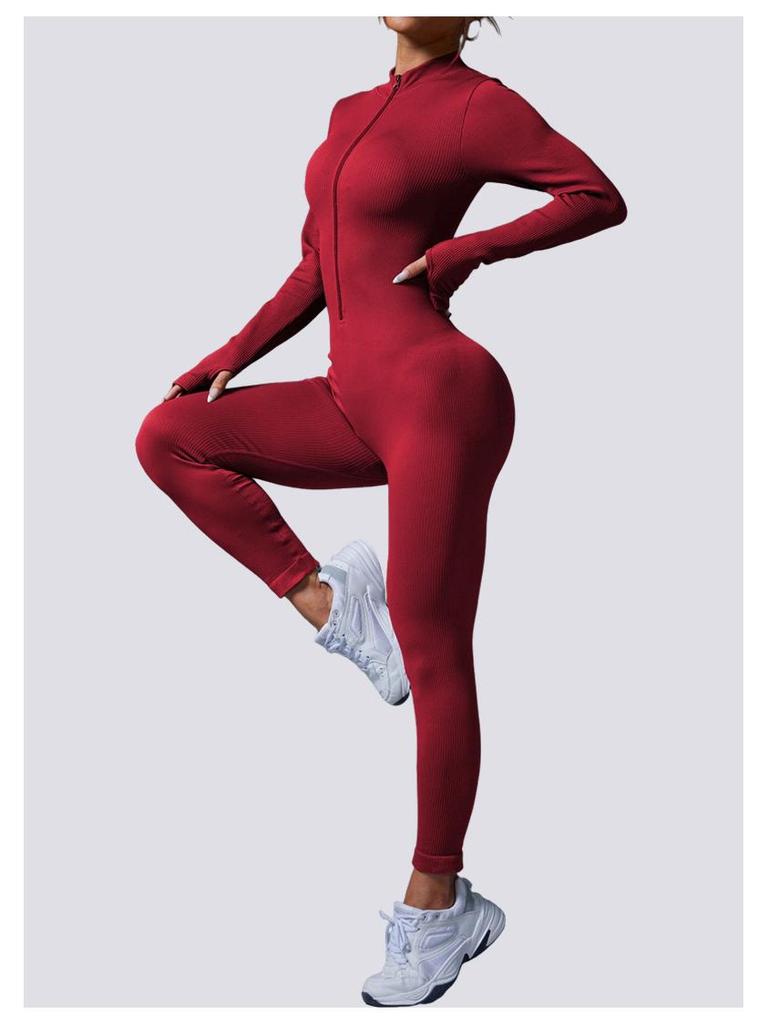 European-Style One-Piece Sport Jumpsuit for Women with Zipper, Stand Collar, Long Sleeves, Thumb Holes, Hip Lifting, and Tummy Control