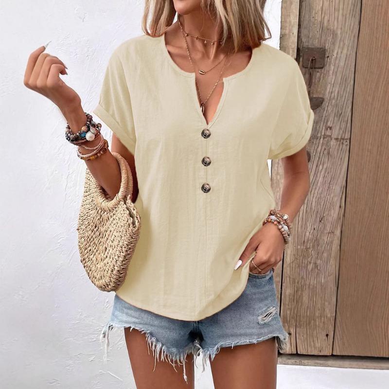 Summer Shirt Fashion Women's Button V-neck Loose Short Sleeved T-shirt Top Women