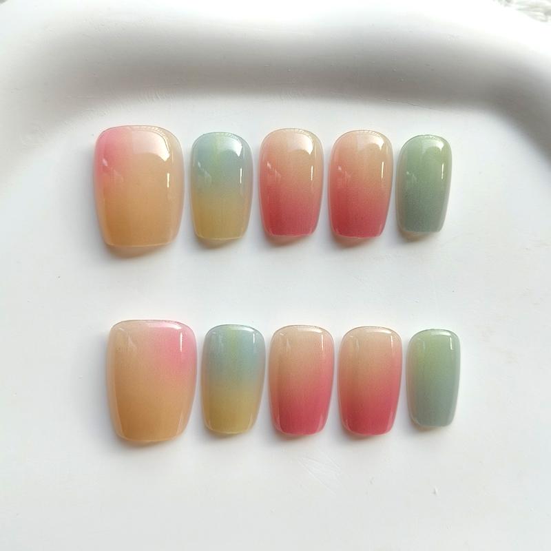 10Pcs Electroplated Colorful Cat Eye Glass Short Round Square Head Press On Nails Versatile False Nail Tips For Women