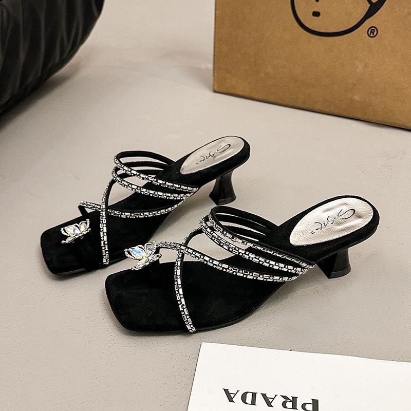 Niche High-heeled Rhinestone Cool Slippers, Thick-heeled Women's Shoes, 2025 New Summer with Skirt Temperament Slippers