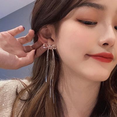 Temperament Ribbon Long Tassel Bowknot Drop Dangle Earrings for Women Charm Party Fashion Gift