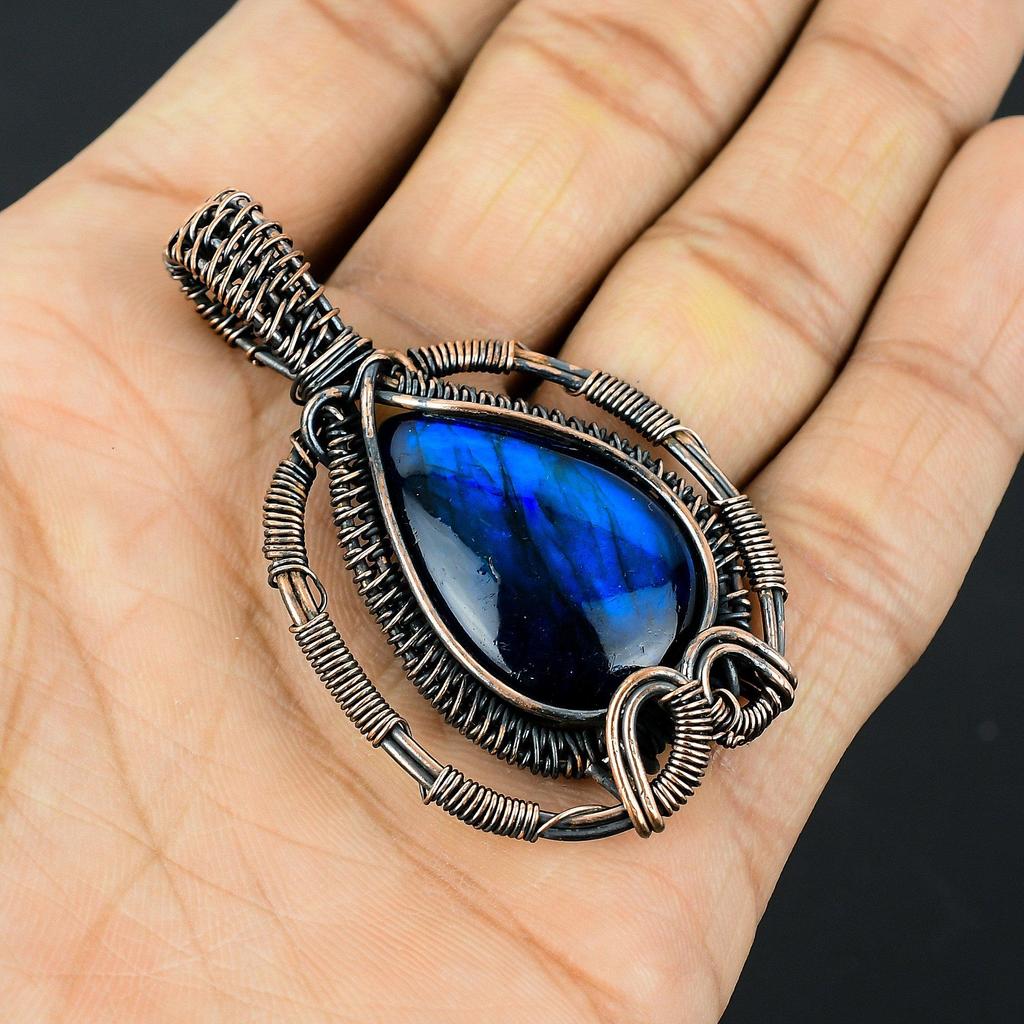 Blue Flash Labradorite Handmade Pendant, Natural Gemstone Jewelry, 999 Copper Wire Wrapped Pendant Jewelry, For Gift