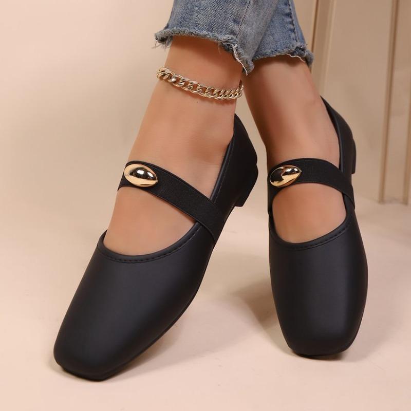 Fashion Spring Genuine Leather Ballet Shoes Women's Round Toe Flat Single Shoes Golden Buckle Lazy Loafers One Word Band Mary Jane Shoes