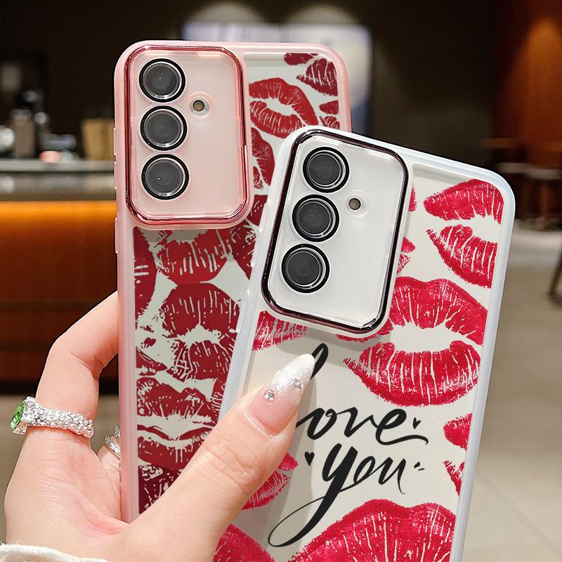 Carcasă de telefon transparentă subțire cu model de buze roșii pentru Samsung S25 Ultra S24 FE S23 Plus A56 A36 A16 A55 A15, folie de protecție pentru lentilă, rezistentă la șocuri, silicon moale, capac