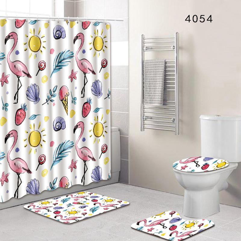 Flamingo Bathroom Shower Curtain Floor Mat Toilet Cover Foot Mat Four-Piece Pattern Size