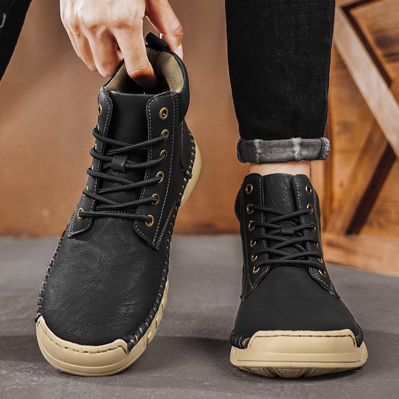 Large Size Martin Boots Men's 2025 Winter New Velvet Warm Medium Top Cotton Boots Soft Sole Casual High Top Men's Shoes