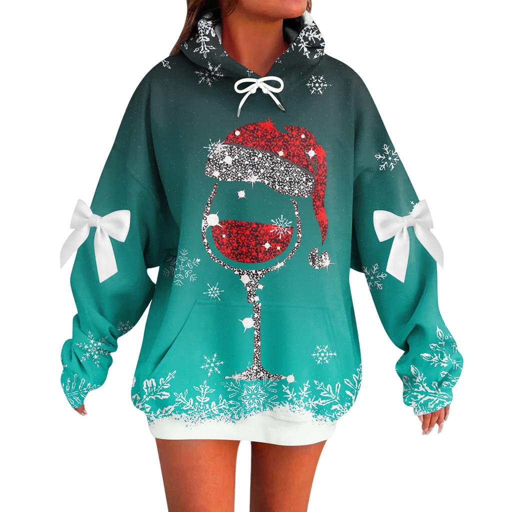 Ladies' Christmas Printed Bow Long Sleeved Loose Fitting Headband With Rope Hooded Sweatshirt Top