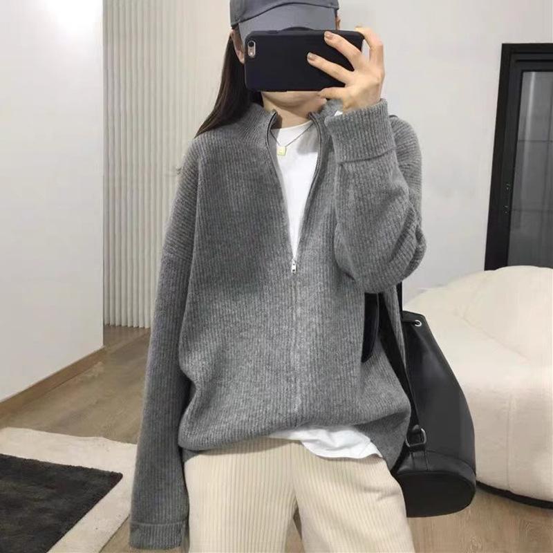 Autumn and Winter New Loose Stand-up Neck Sweater Jacket Women Wear Lazy Style Solid Color Zipper Knitted Cardigan Top