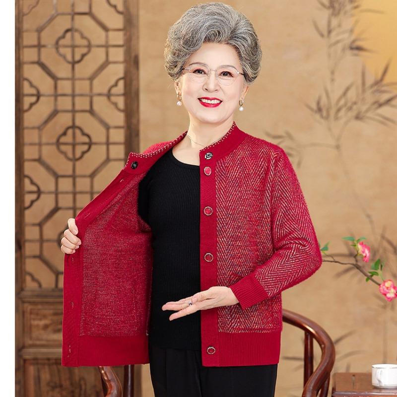 Medium Elderly Loose Casual Crew Neck Jacket Grandma Sweater Cardigan Mom Knitted Sweater Old Lady Clothes Women's