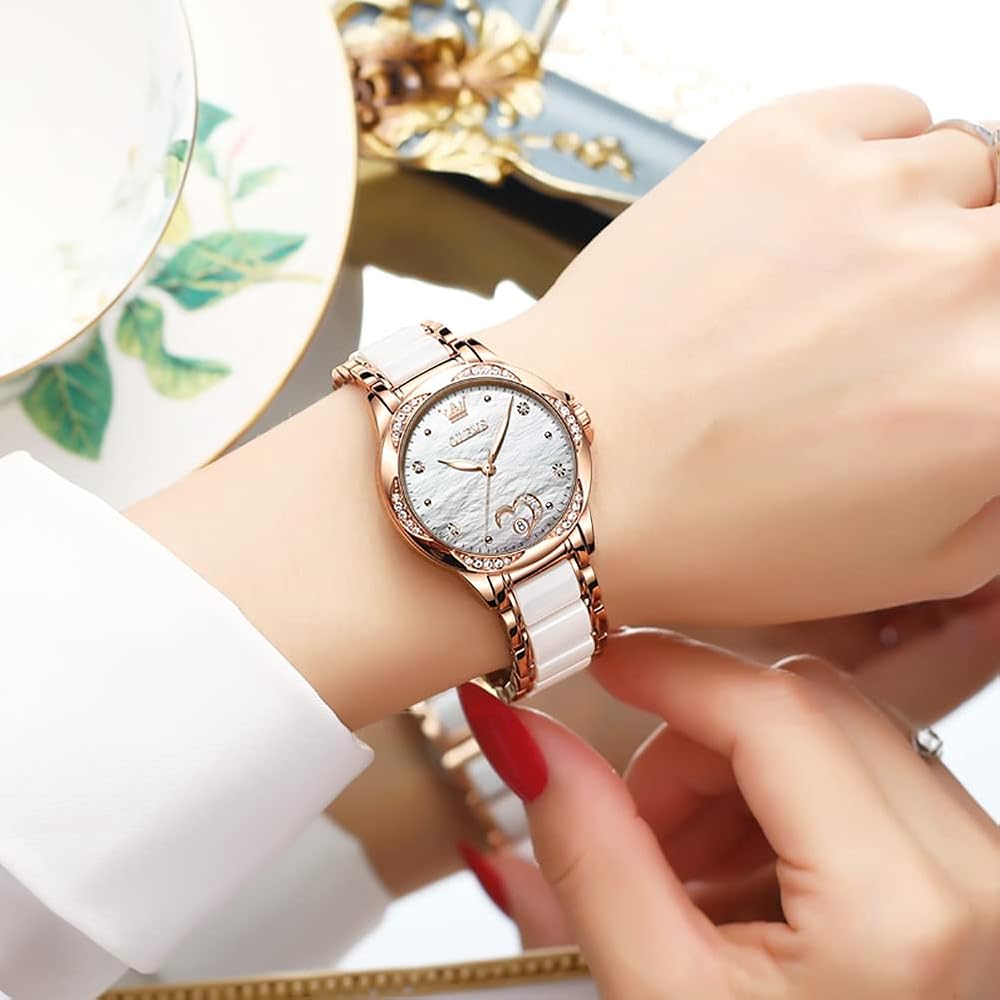 OLEVS Women's Ceramic Watch Pink Gold Waterproof Mechanical Date Bracelet Gift for Her White