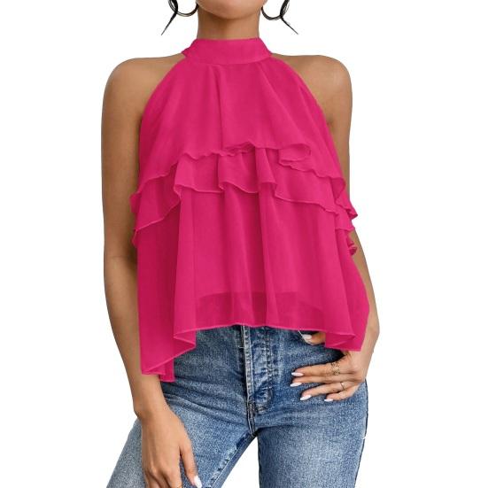 Women Tops Halter Neck Sleeveless Solid Color Pullover Tops Multi Layer Ruffle Hem Commuting Style Short Tops