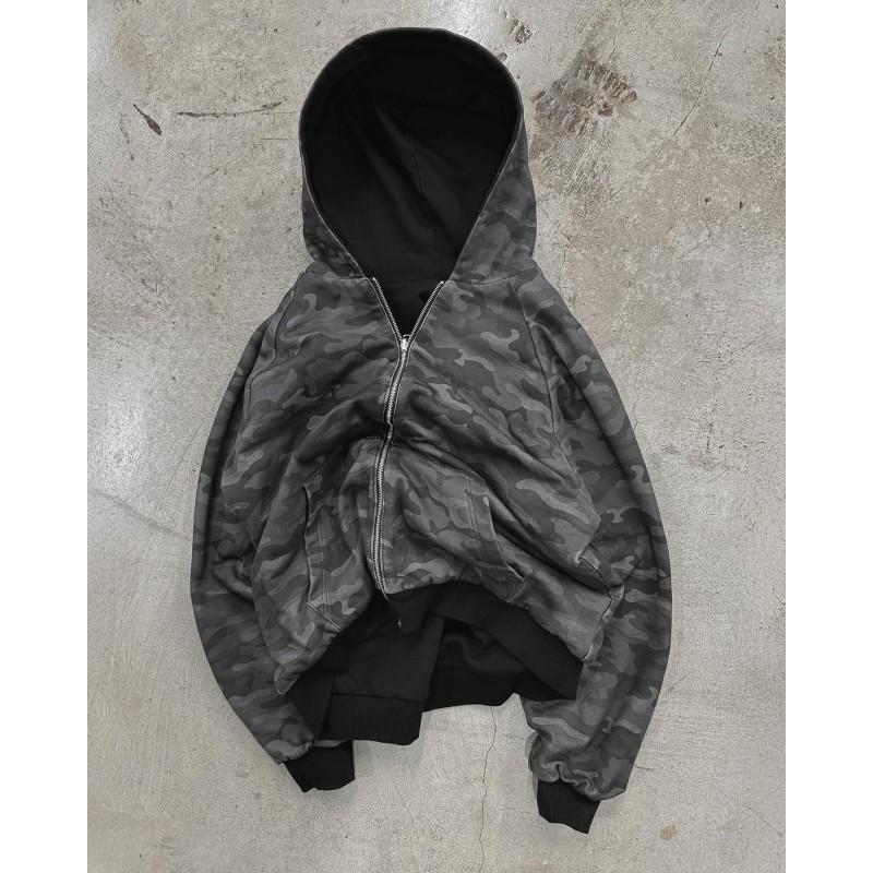 Camouflage Patchwork Hooded Zip-Up Sweatshirt Unisex Streetwear Oversized Casual Pullover