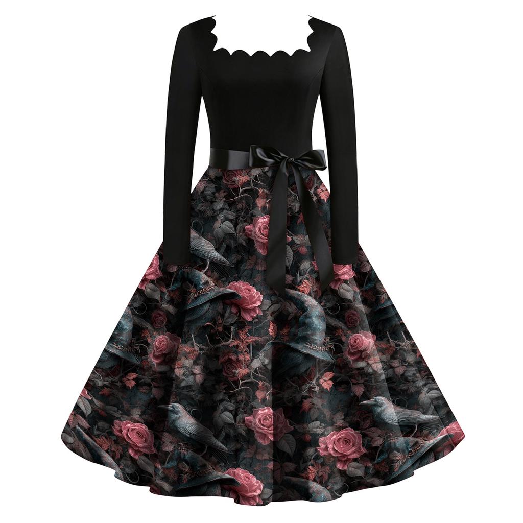 Women's Vintage Square Neck Long Sleeve Dress with Halloween Print for Evening Party