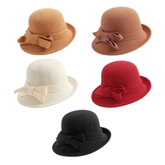 Ladies Wool Felt Bucket Hat Vintage Cloche Fedora Hat Female Bowler Hat with Bow Winter Wedding Church Jazz Cap