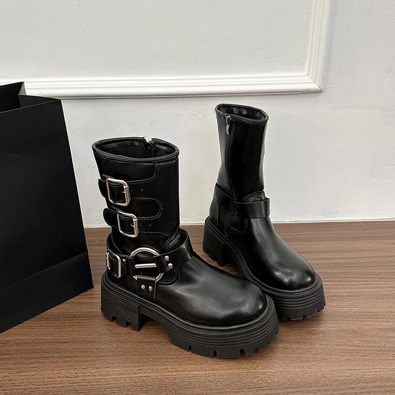 

Coarse heel medium boots women s 2025 autumn and winter Mengling same buckle side zipper western cowboy boots knight fashion boots 40 чёрный