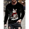 Round Neck 3D Cat Printed T-shirts Casual Long Sleeved Men's T-shirts - Soft Medium Stretch Polyester Fabric Spring and Autumn Relaxed Fit Clothing