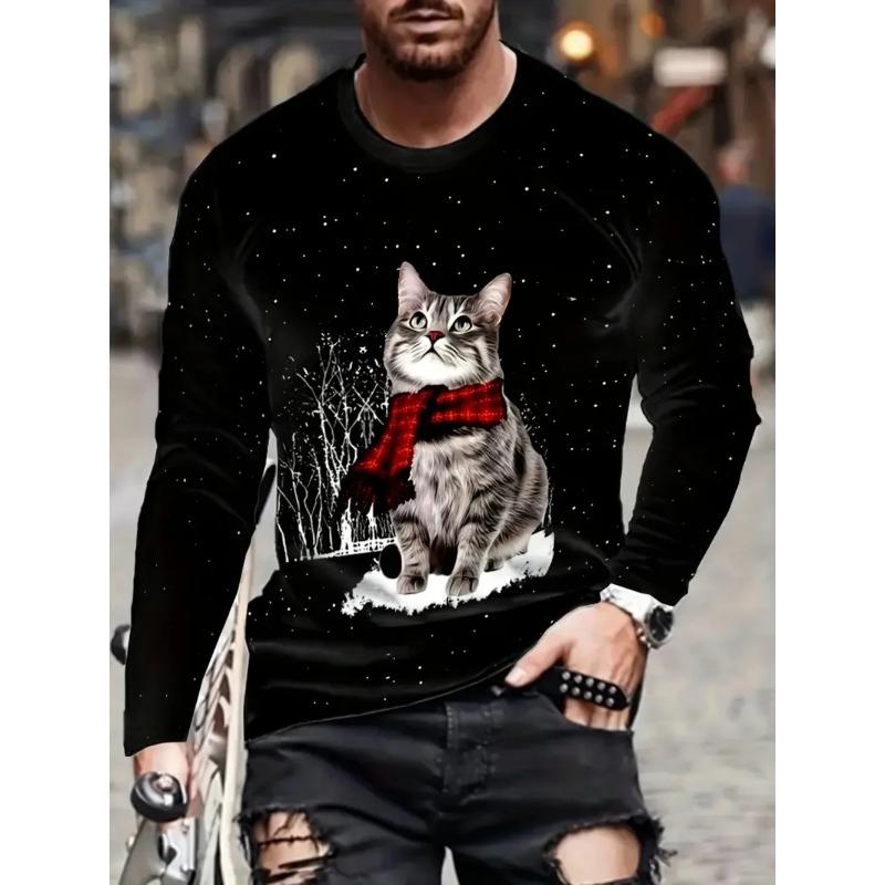 Round Neck 3D Cat Printed T-shirts Casual Long Sleeved Men's T-shirts - Soft Medium Stretch Polyester Fabric Spring and Autumn Relaxed Fit Clothing
