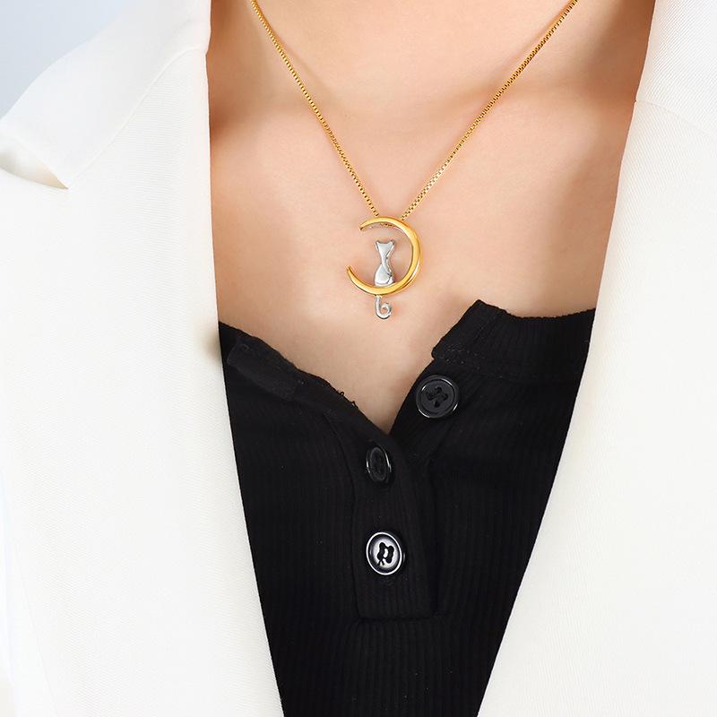 French Retro Cat Moon Pendant Necklace - Women s Exquisite Titanium Steel Clavicle Chain