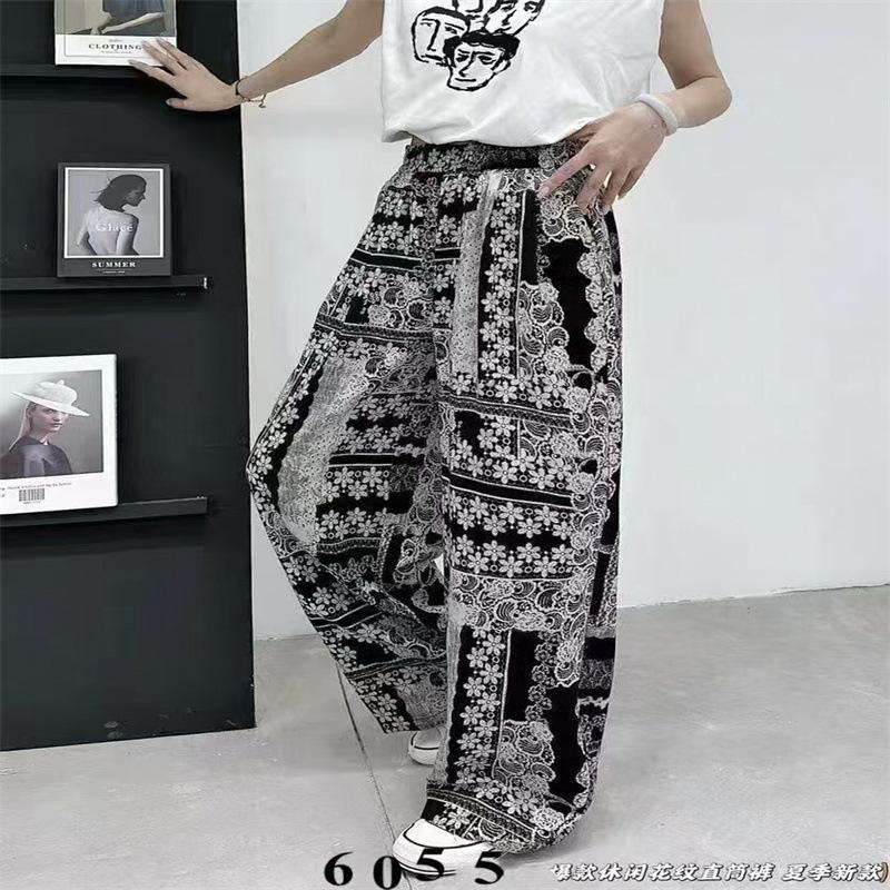 Women's High Waist Drawstring Wide Leg Pants Loose Straight Tie Dye Printed Polyester Trousers For Summer Commute Floor Length Casual Wear