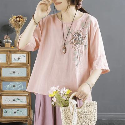 Literary Embroidery Retro Embroidery Cotton Linen Summer Short-sleeved New T-shirt Loose Round Neck Pullover Top