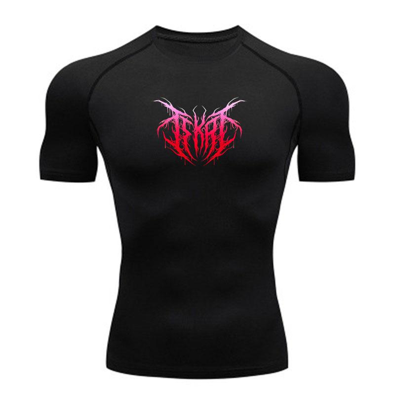 Men's Compression Workout T-shirt, Gothic Red Pink Thorn Print Quick Dry Athletic Short Sleeve Shirt for Gym Running Training Sports Wear
